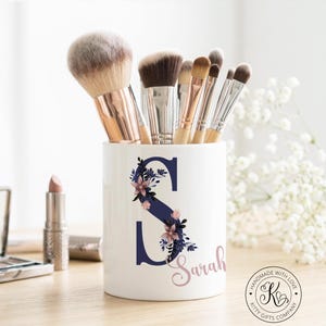 Personalised makeup brush holder white ceramic pot any name initial floral letter navy blue pink teenager bedroom