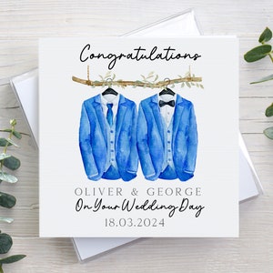 Personalised wedding card, LGBT same sex wedding, mr and mr, his & his, linen texture, gay marriage card, congratulations card, blue suits
