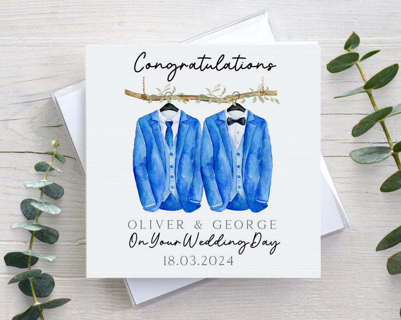 Personalised wedding card, LGBT same sex wedding, mr and mr, his & his, linen texture, gay marriage card, congratulations card, blue suits image 1