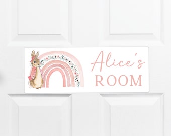 Personalised metal door sign, pink bunny rabbit & boho rainbow, hanging or stick on, baby name plaque, nursery bedroom room, kids girls