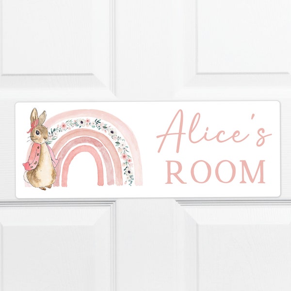 Personalised metal door sign, pink bunny rabbit & boho rainbow, hanging or stick on, baby name plaque, nursery bedroom room, kids girls