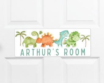 Personalised metal door sign, dinosaur dino Jurassic theme, hanging or stick on, baby name plaque, nursery bedroom room, kids boys, son gift