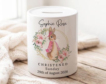 Personalised pink rabbit money box, christening gift, ceramic piggy bank, any name christening date, children girls, daughter granddaughter