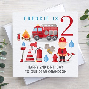 Personalised 2nd 3rd 4th 5th birthday card, firefighter fire engine, hammered or linen texture, boys kids name age, for son grandson nephew