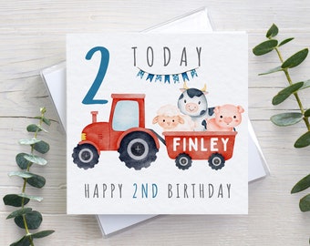 Personalised 1st 2nd 3rd 4th 5th birthday card, tractor farm animal theme, hammered or linen texture, boys kids name & age, for son grandson