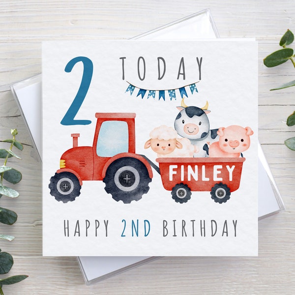 Personalised 1st 2nd 3rd 4th 5th birthday card, tractor farm animal theme, hammered or linen texture, boys kids name & age, for son grandson