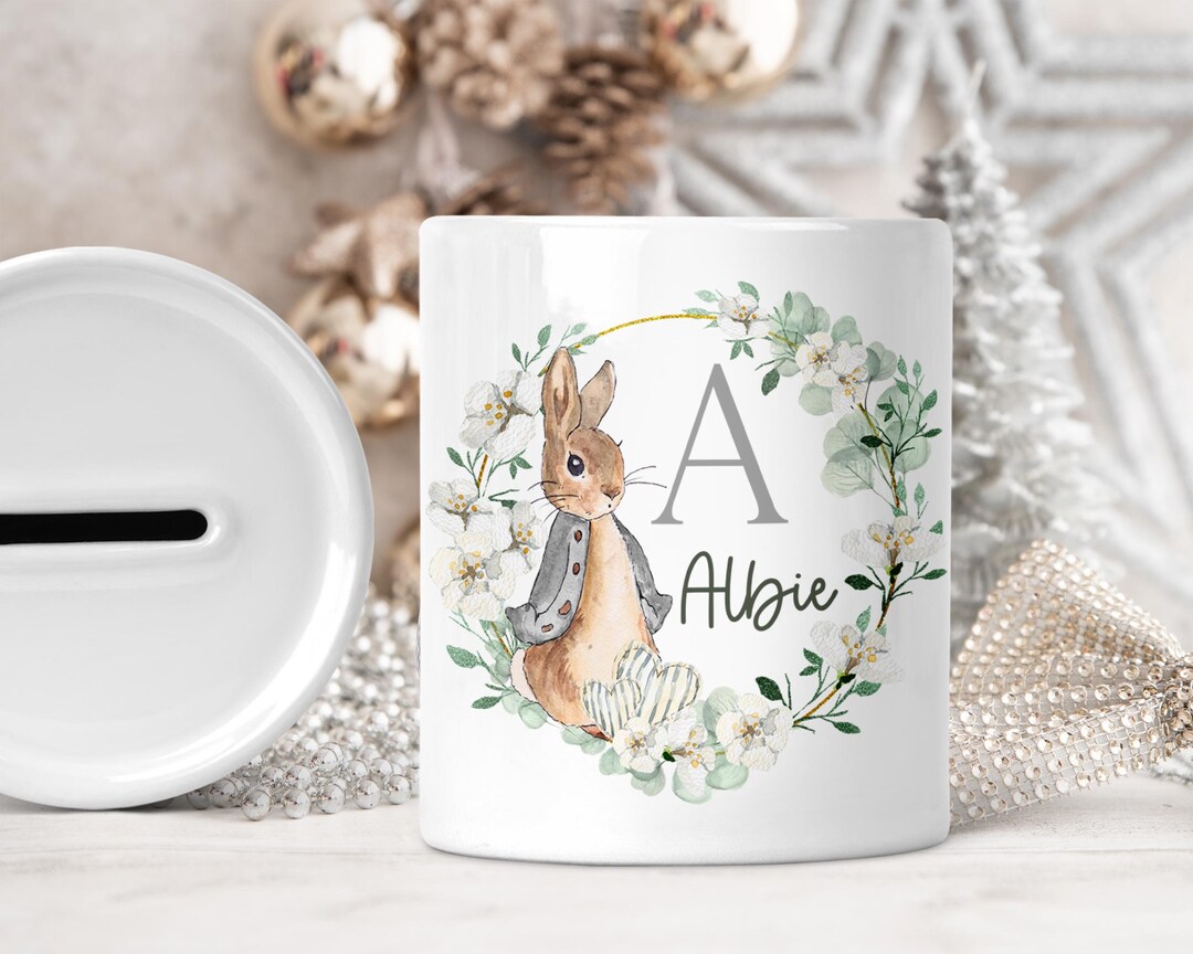 Sooty Rabbit Money Box Personalised Grey Rabbit Money Box, Ceramic, Any Name, Kids Unisex ...