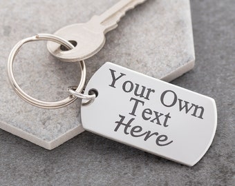 Personalised steel keyring, engraved keychain, dog tag keyring, gift for boyfriend, gift for son, anniversary gift, birthday gifts him