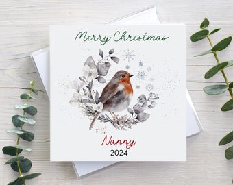 Personalised Christmas card, traditional robin wreath design, card for Nan Mum Aunt Nanna Grandma Great Grandmother, Merry Christmas card