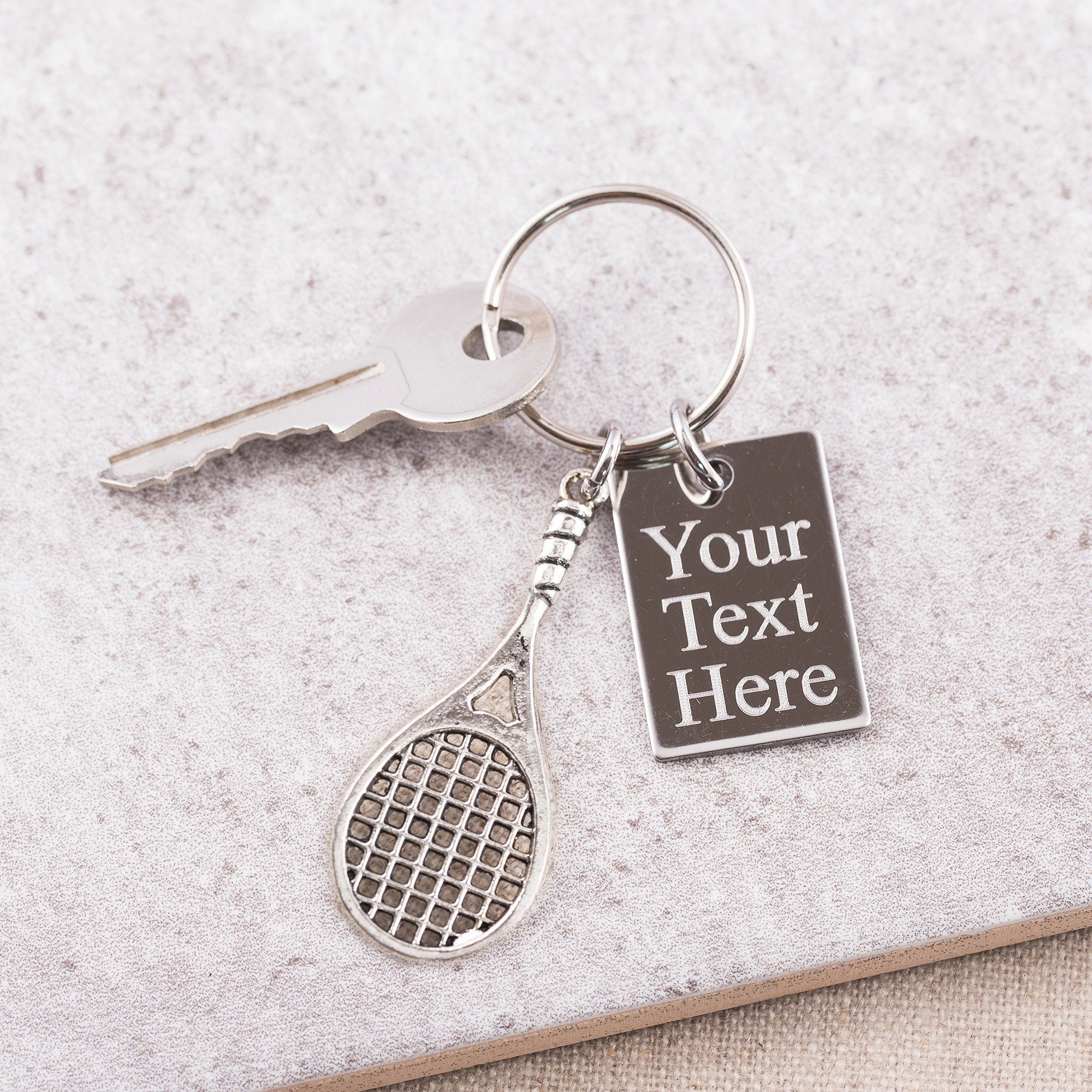 Personalised tennis racket keyring engraved steel keychain Etsy