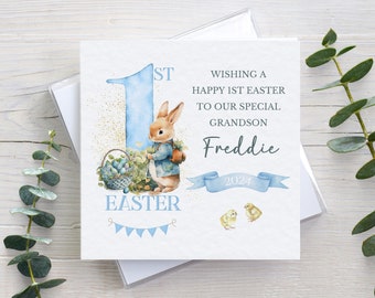 Personalised 1st Easter card, for boys kids children, card for son, for grandson or nephew, bunny rabbit, baby keepsake card, white envelope