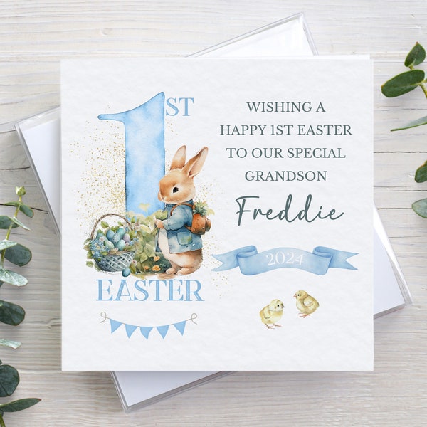 Personalised 1st Easter card, for boys kids children, card for son, for grandson or nephew, bunny rabbit, baby keepsake card, white envelope