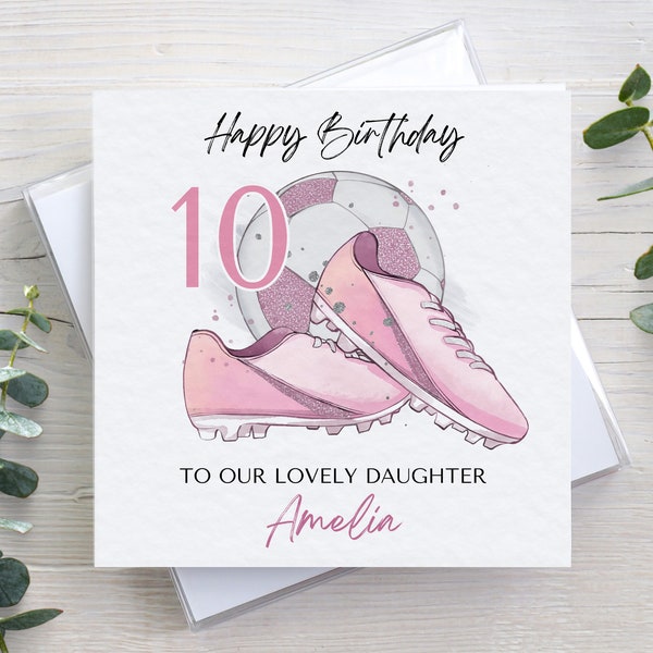 Personalised girls birthday card, pink football soccer boots ball, teenager birthday, hammered texture, kids any name & age, sports fan card