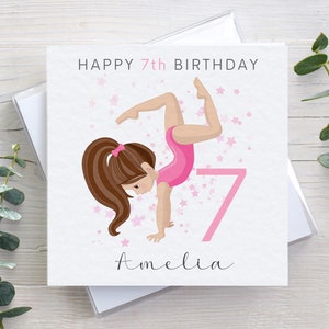 Personalised girls birthday card, gymnast gymnastics, 5th 6th 7th 8th birthday, hammered  texture, any name age, for daughter granddaughter