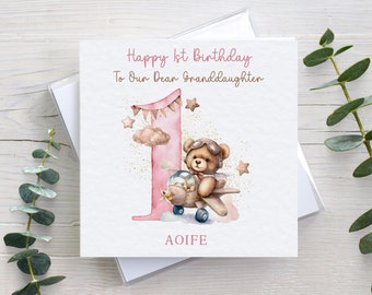 Personalised 1st birthday card, aeroplane airplane card, card for daughter granddaughter niece kids girls children, age 1 card with envelope
