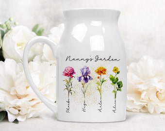 Personalised birth flower vase, gift for Mum Nan Grandmother, ceramic jug vase, Mother's Day gift, Nanny's Nana's Garden, from grandchildren