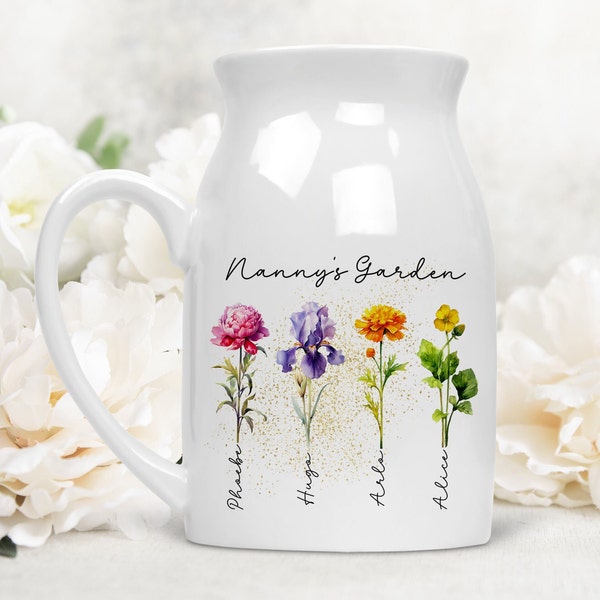 Personalised birth flower vase, gift for Mum Nan Grandmother, ceramic jug vase, Mother's Day gift, Nanny's Nana's Garden, from grandchildren