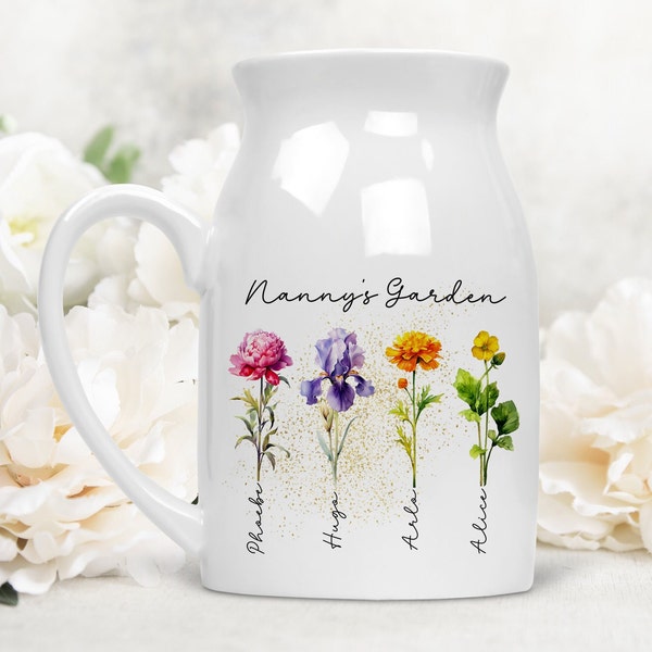 Vase à fleurs de naissance personnalisé, cadeau pour grand-mère maman, grand-mère, vase en céramique, cadeau fête des mères, jardin de la grand-mère de la grand-mère, petits-enfants