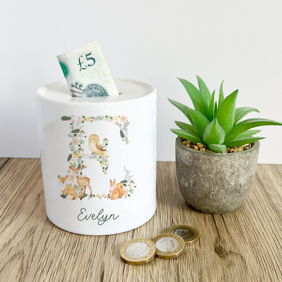 Personalised Woodland Animal Money Box, Ceramic Coin Bank, Name