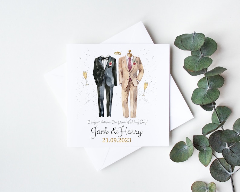 Personalised wedding card, LGBT same sex wedding, mr and mr, his & his, linen texture, gay marriage card, congratulations card with envelope image 3