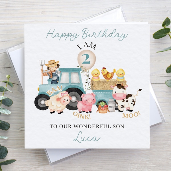 Personalised 2nd birthday card, farm animal tractor theme, hammered texture, boys name & age 2, oink baa moo I am two, for son grandson