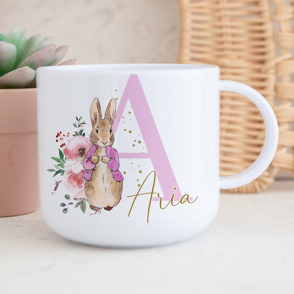 Child's 6oz polymer unbreakable mug cup, pink rabbit boho print, toddler mug, kids children girls, name initial, gifts for daughter