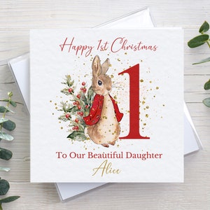 Personalised 1st Christmas card, Red Rabbit & Christmas tree print, hammered or linen finish, unisex cards kids, boys or girls first