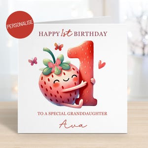 Carte de 1er anniversaire personnalisée aux fraises pour petite-fille, enfants, filles, 1 an, toute relation fille nièce, joyeux anniversaire
