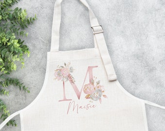 Personalised children's apron, linen apron, kids girls, baking cookery, little chef, any name & initial, daughter granddaughter niece gift