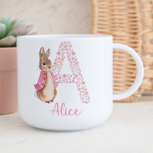 Child's 6oz polymer unbreakable mug cup, pink rabbit boho print, toddler mug, kids children girls, name initial, gifts for daughter