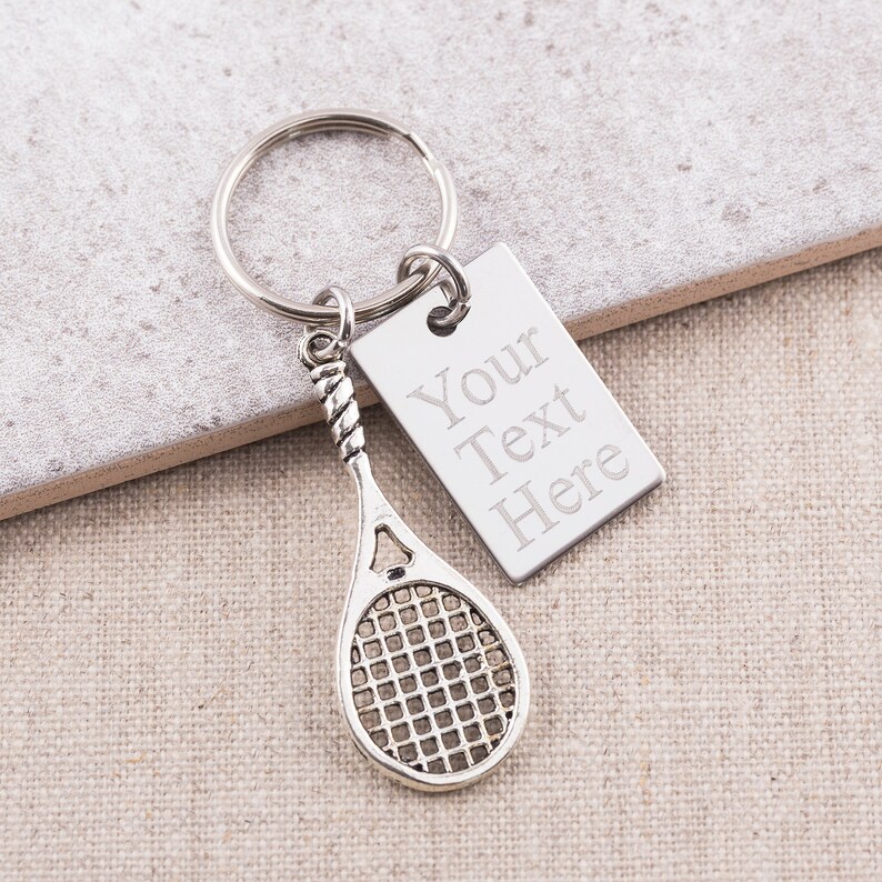 Personalised tennis racket keyring engraved steel keychain Etsy