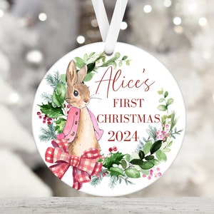 Personalised 1st Christmas ornament, tree decoration, pink rabbit, baby keepsake, ceramic acrylic or wood, for girls, daughter granddaughter