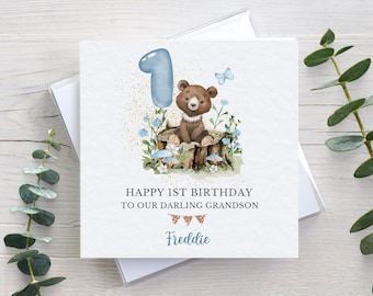 Personalised 1st birthday card for boys, woodland bear nature theme, for grandson son nephew, any relation & name, baby keepsake card