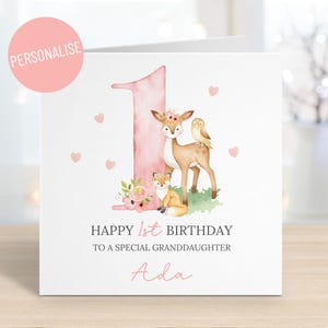Carte personnalisée pour le 1er anniversaire d'animaux des bois, âge de 1 an, tous les noms et relations, fille petite-fille nièce soeur, carte cerf renard hibou