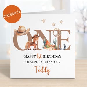 Carte personnalisée du 1er anniversaire de cow-boy western pour garçons, âge 1 un an, tous les noms et parents, fils petit-fils neveu frère, rodéo Far West