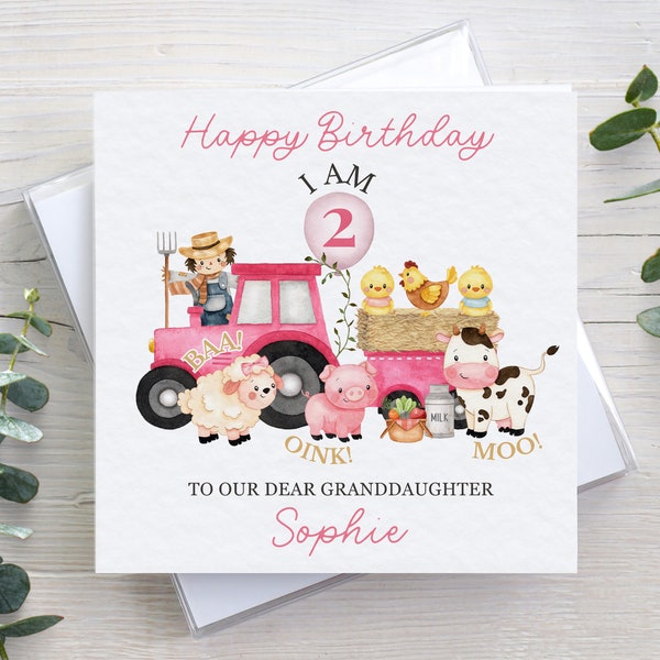 Personalised 2nd birthday card, farm animal theme, hammered texture, girls kids name age 2, oink baa moo I am 2, for daughter granddaughter