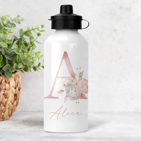 Personalised water bottle with sports cap, pink grey initial letter with name, gifts for kids girls, teenager gift, back to school, daughter