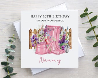 Personalised floral birthday card for Nan Nana Nanny Grandma Mum Mama, any age & date, 60th 70th 80th 90th birthday, pink gardening wellies