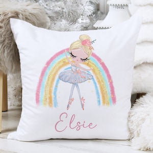 Personalised ballerina cushion, baby nursery pillow, kids children girls, pink rainbow, gifts for daughter granddaughter, toddler room decor