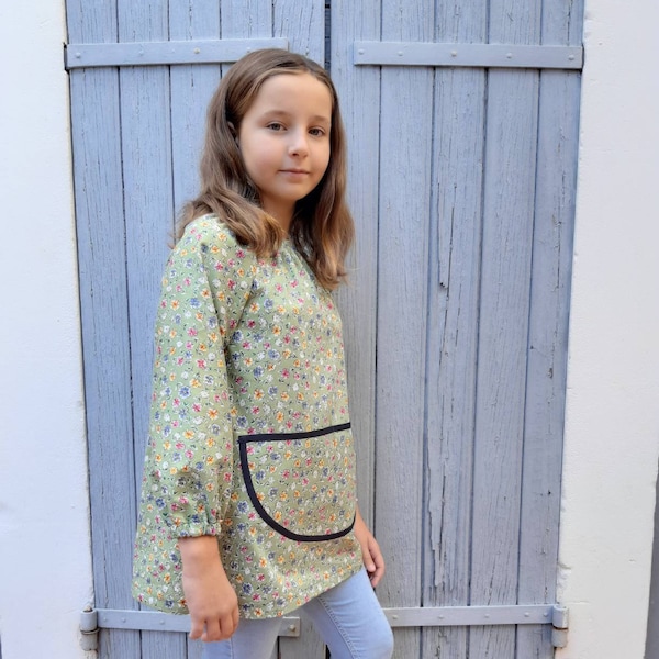 Childrens 8-10 Years Long Sleeve Art Smock Cotton Green Floral Painting Craft Apron Tablier Vert Fleur Maternelle Enfant Blouson de Peinture