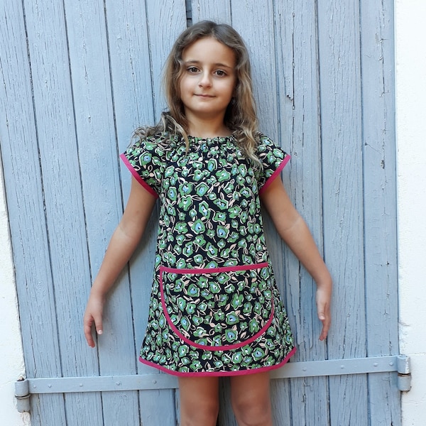 Art Smock 4-6 Years  **40% OFF SALE/SOLDE **Cotton Black Green Flowers Short Sleeve Floral Tablier Maternelle Filles Fleurs Ecolier