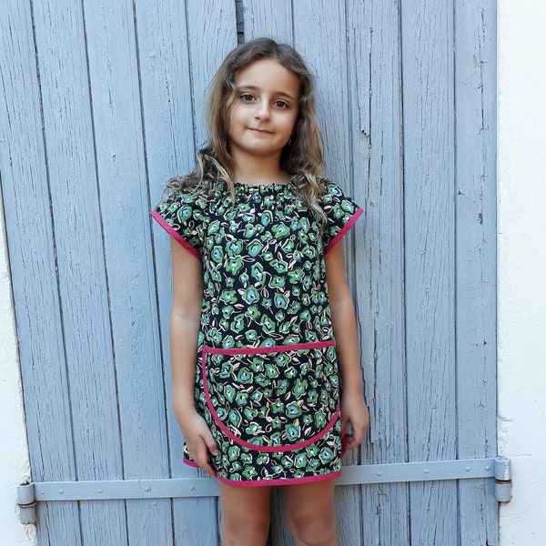 Art Smock 6-8 Years **40% OFF SALE/SOLDE **Short Sleeve Cotton Black Green Flower Tablier Maternelle Ecolier Noir Vert Fille Manches Courtes