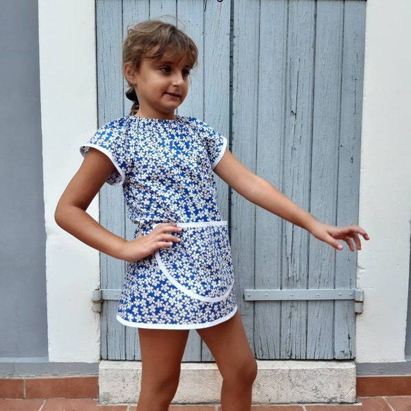 Art Smock 2-4 Years Cotton Blue & White Flower Print Short Sleeve Girls Painting School Craft Apron Tablier Maternelle Filles Bleu  Ecolier