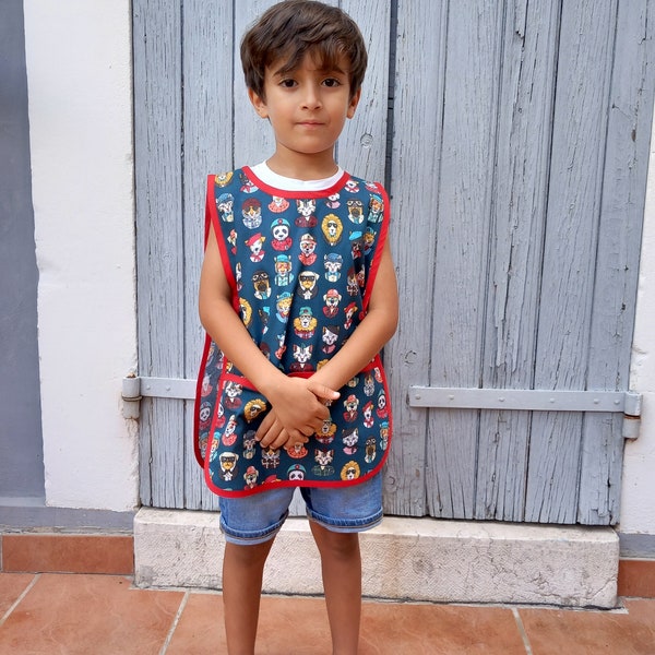 Art Smock 4-6 Years Sleeveless School Cotton Boys Petrol Blue Cool Animals Tablier Garçons Bleu Rouge Maternelle Enfant Chat Chien Lion