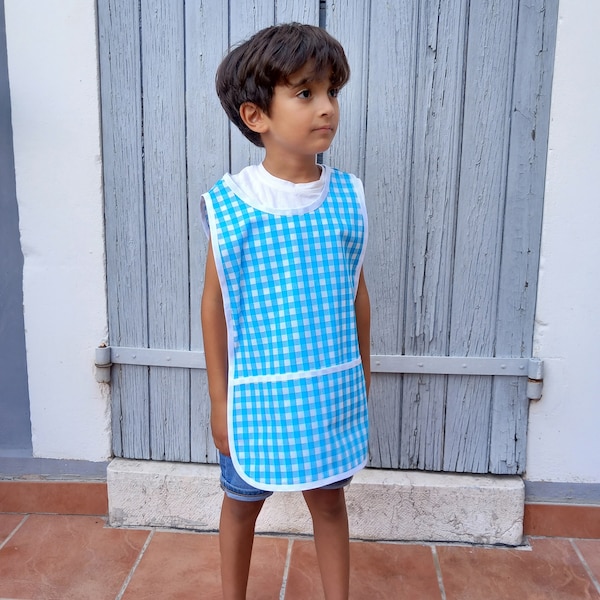 Art Smock 2-4 Years Sleeveless School Painting Cotton Aqua Blue Check Apron Boys Tablier Maternelle Bleu Vichy Ecolier Peinture Garçons