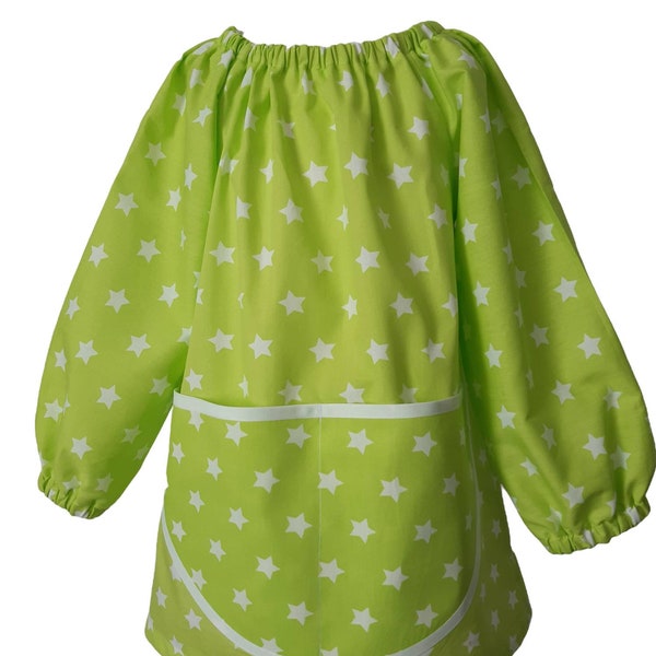 Childrens 2-4 Years Long Sleeve Art Smock Cotton Green & White Star Painting Apron Tablier Vert Etoilè Maternelle Enfant Blouson de Peinture