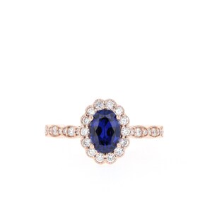 Vintage Blue Sapphire Diamond Halo Ring // Oval Blue Sapphire Engagement Ring