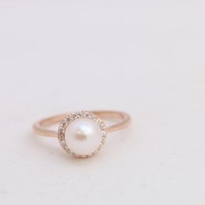 Diamond Halo Pearl Ring // Pearl Engagement Ring // Pearl and Diamond