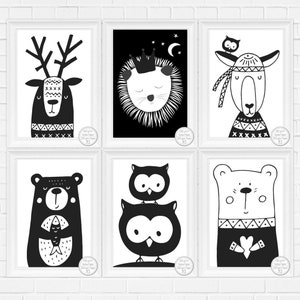 Juego de 6 carteles para habitación infantil (A3) niño bebé - imágenes decorativas en blanco y negro animales