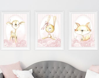 A3 - PINK BLUSH Girls Nursery Print - Forest Animals Woodland Fox, Deer - Fine Art Print - Baby Room Decor | SET 54